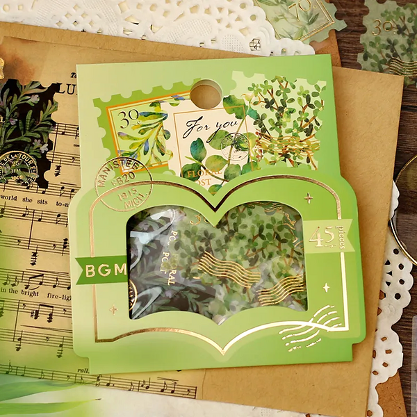 BGM Vintage Post Office Stamp Stickers - Botanical Book - Green