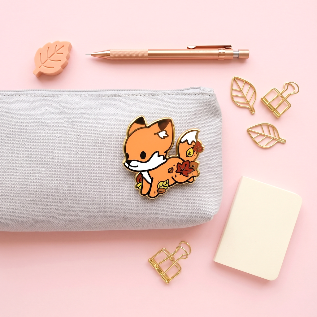 Cute Spring Fox Pin Cute Fox & Fallen Leaves Enamel Pin | Kawaii Pen Shop