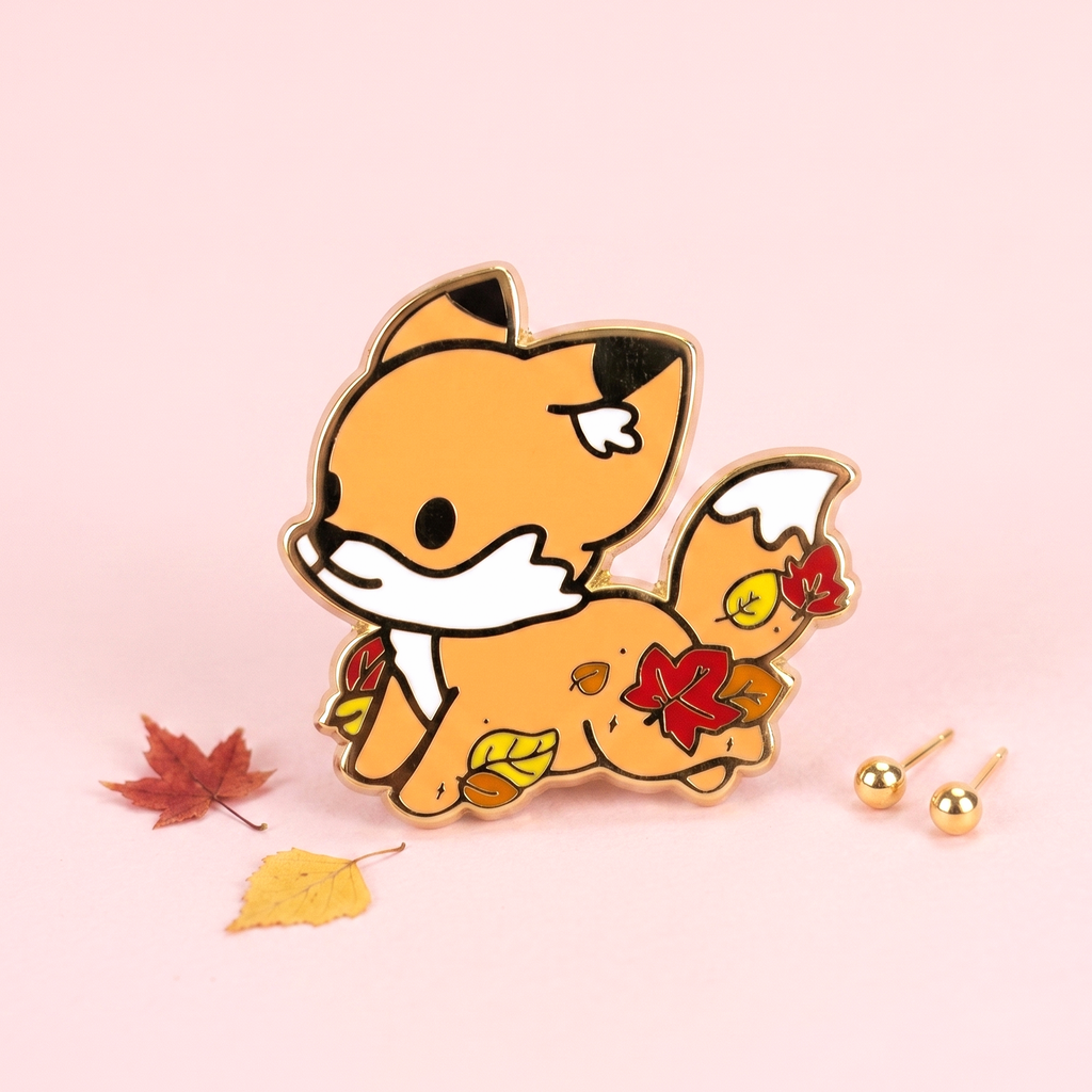 Cute Spring Fox Pin Cute Fox & Fallen Leaves Enamel Pin | Kawaii Pen Shop