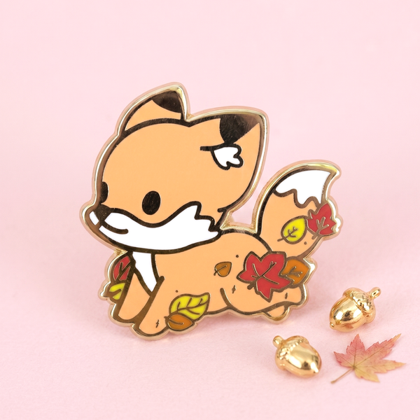 Cute Spring Fox Pin Cute Fox & Fallen Leaves Enamel Pin | Kawaii Pen Shop