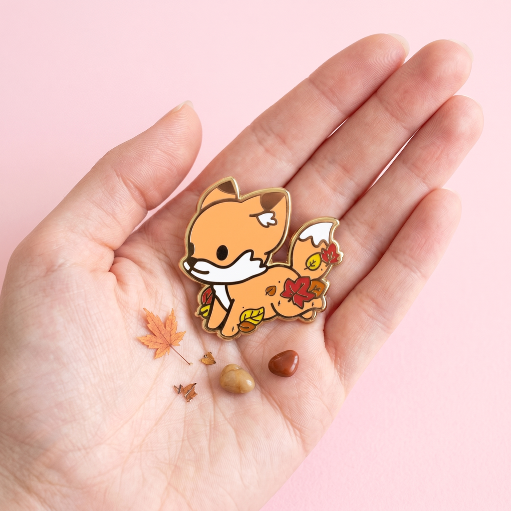 Cute Spring Fox Pin Cute Fox & Fallen Leaves Enamel Pin | Kawaii Pen Shop
