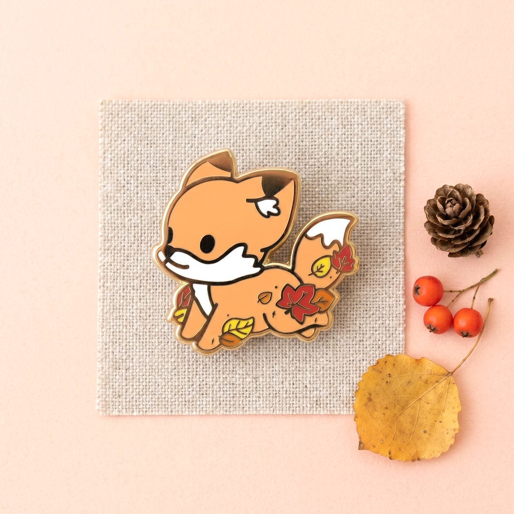 Cute Spring Fox Pin Cute Fox & Fallen Leaves Enamel Pin | Kawaii Pen Shop