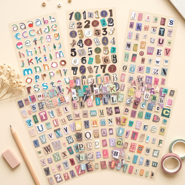 Mixed Font Alphabet & Number Stickers – Set of 6 Sheets