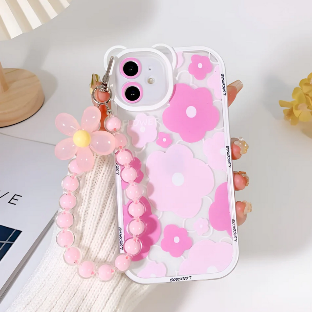 Pink Retro Flowers Phone Case + Phone Charm