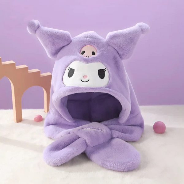 小物 ORIMI HOODED SCARF Sanrio Plush Hooded Scarf with Ears - Kuromi | Kawaii Pen Shop
