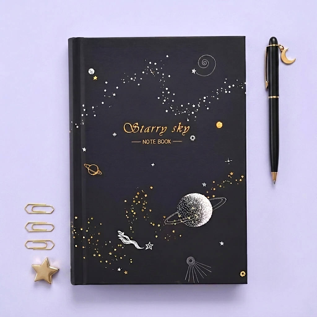 Starry Sky Black Paper Notebook - Hardcover, Gold Foil Design, 256 Pages