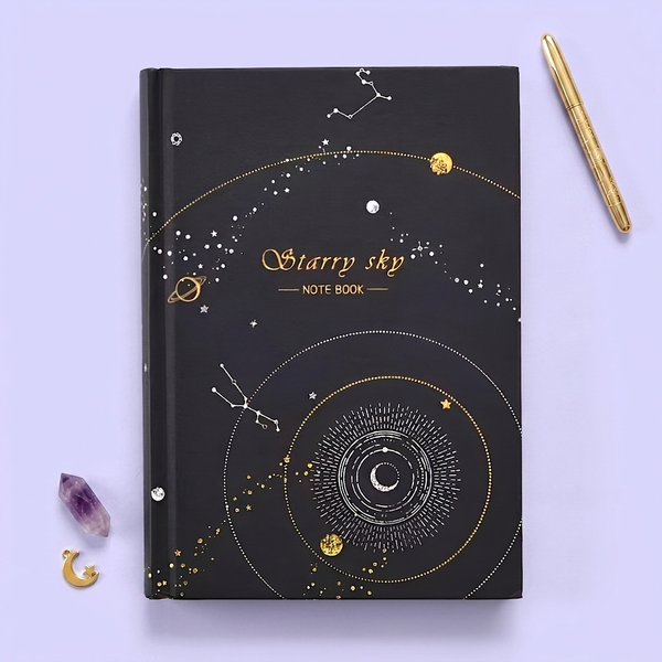 Starry Sky Black Paper Notebook - Hardcover, Gold Foil Design, 256 Pages