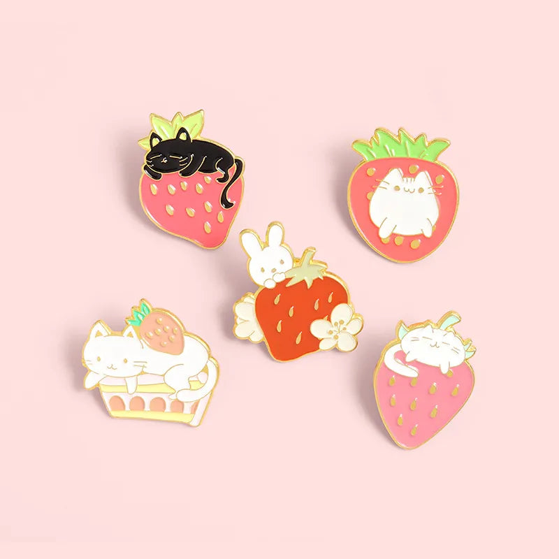 Strawberry Cat Enamel Pins
