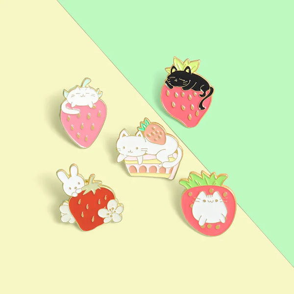 Strawberry Cat Enamel Pins