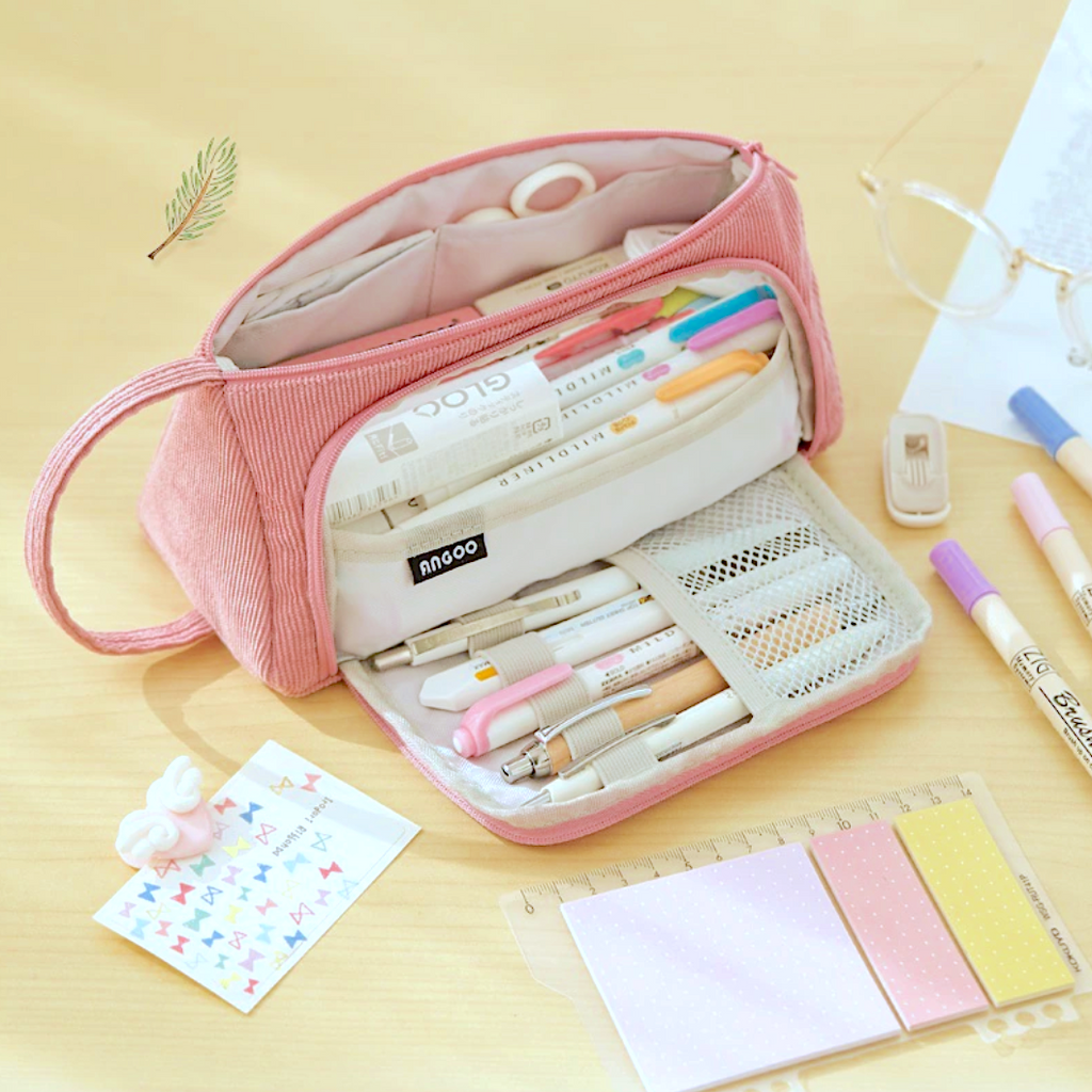 Large Capacity Pencil Case Portable Corduroy Pen Bag Colorful Cute