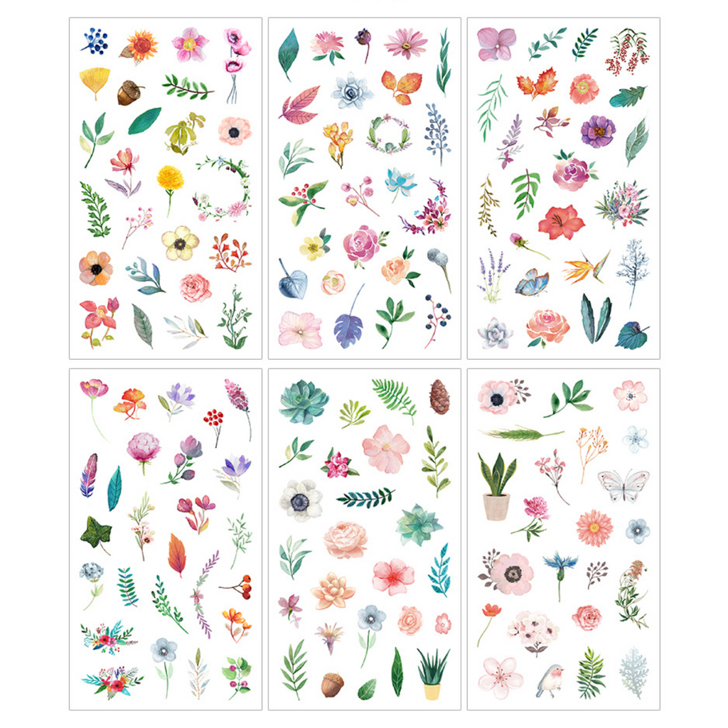 Watercolor Flowers Sticker Set - 6 Sheets