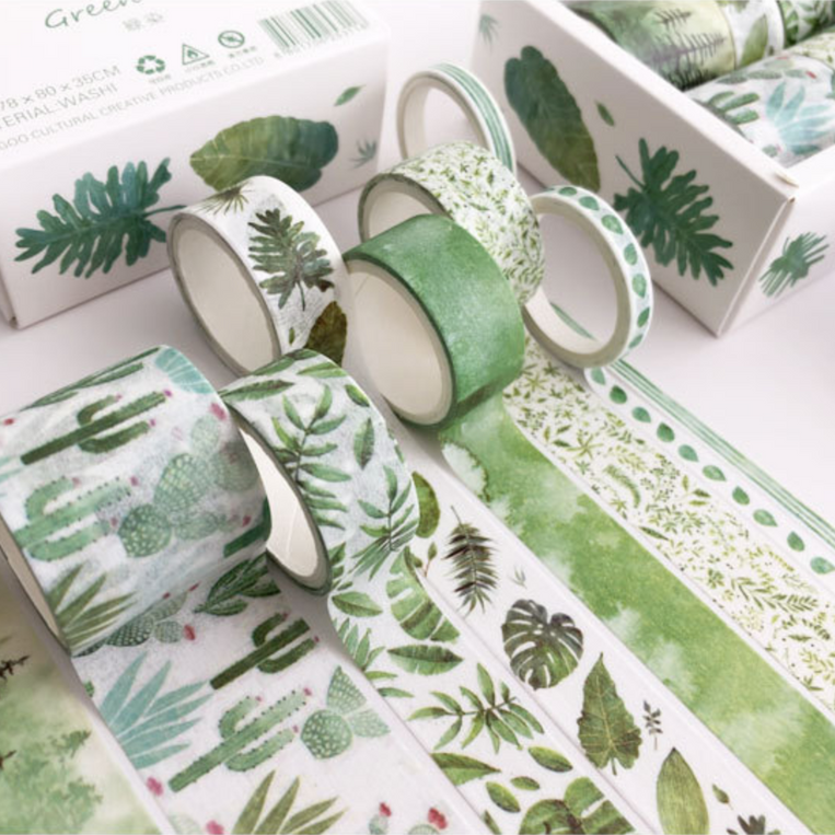 Green Grass and Dainty Flowers Washi Tape, Green Washi, White