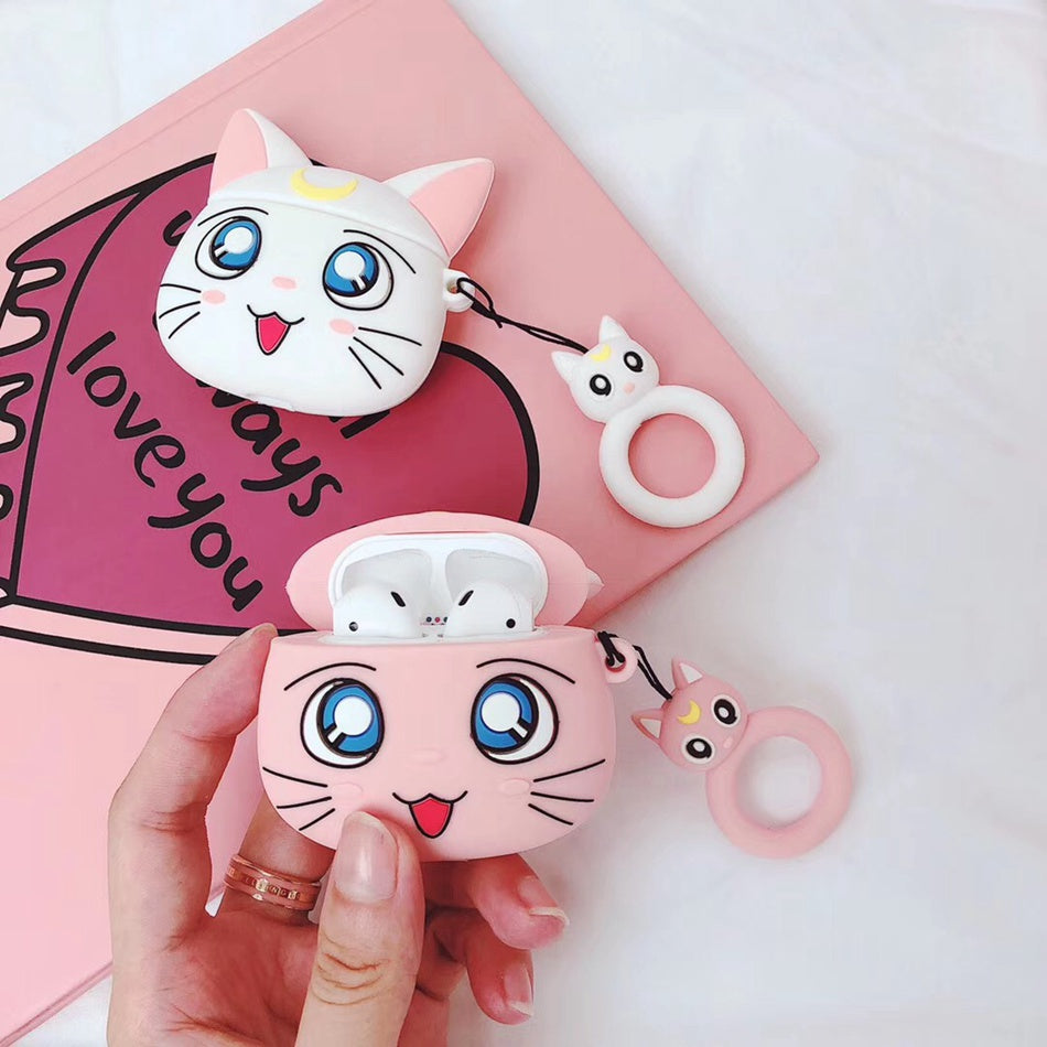 For AirPods Case Cute Kawaii Sailor Moon Luna Cat Earphone Cases For Apple  Airpods 1 2 Protect Cover with Finger Ring Strap