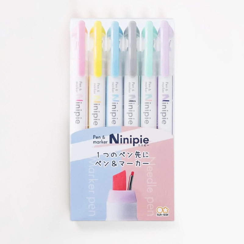 Sun-Star Ninipie Marker Pen & Highlighter - 6 Color Set - Bold